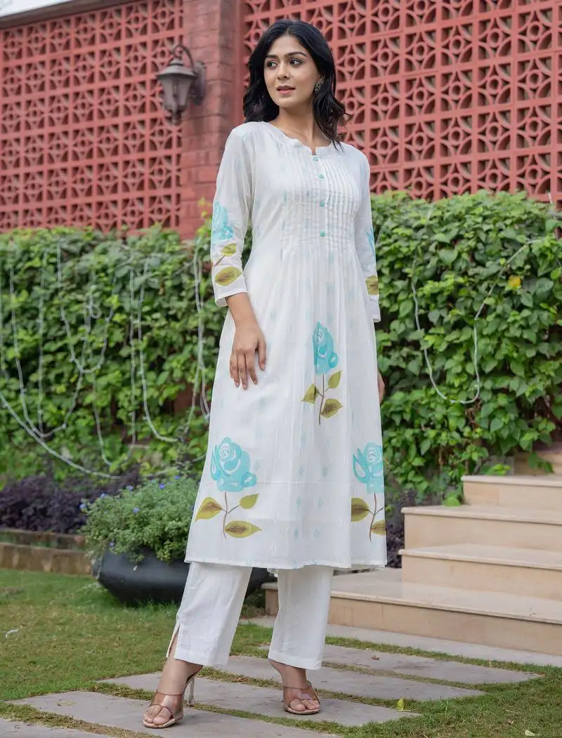Ocean light white printed cotton kurta sets