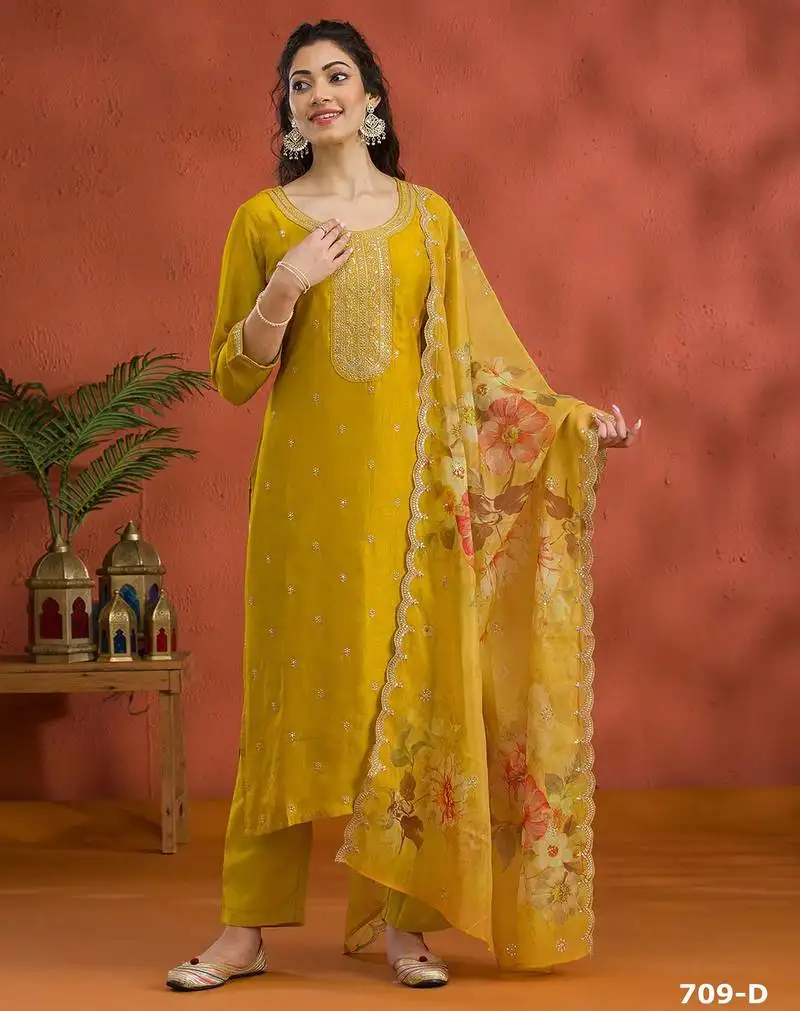 Yellow silk embroidered viscose thread jari work semi stitched salwar suit