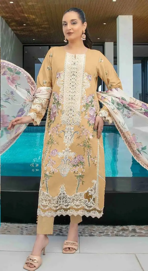 Yellow embroidery thread work cumbric cotton semi stitched salwar suit