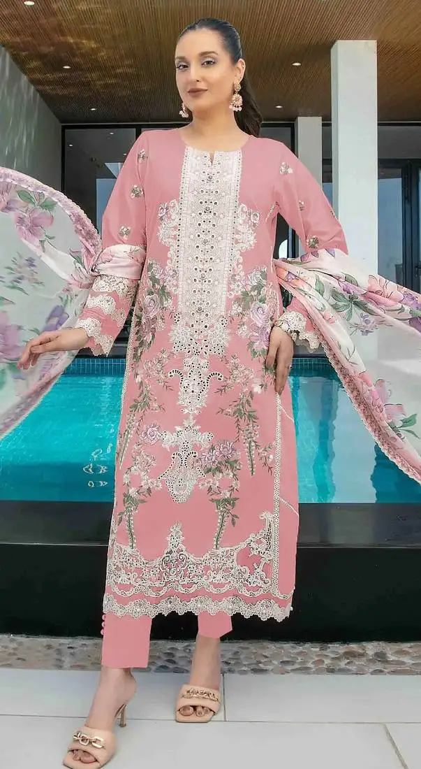 Baby pink embroidery thread work cumbric cotton semi stitched salwar suit