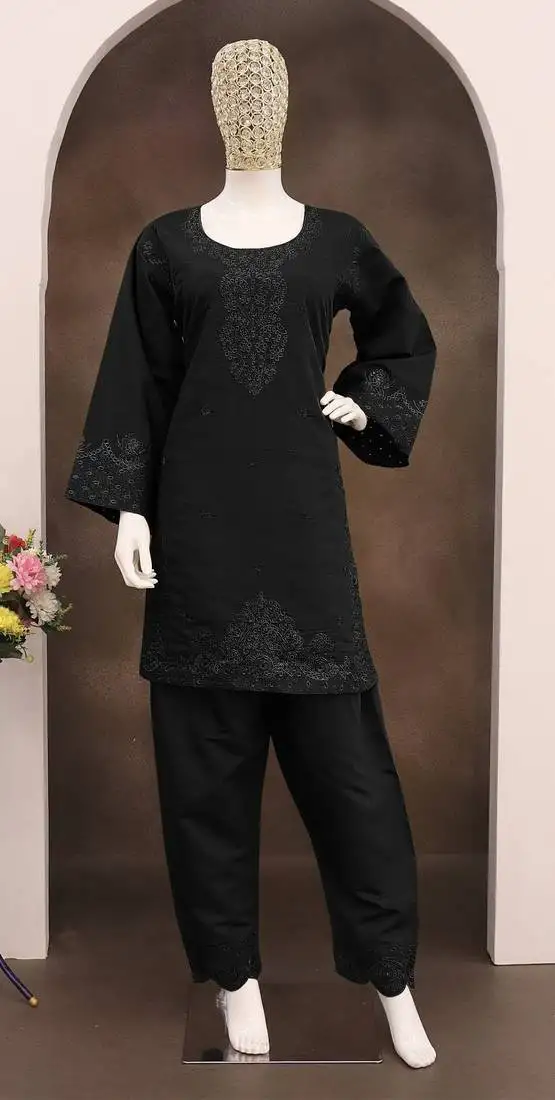 Black embroidery and thread work cotton semi stitched salwar suit