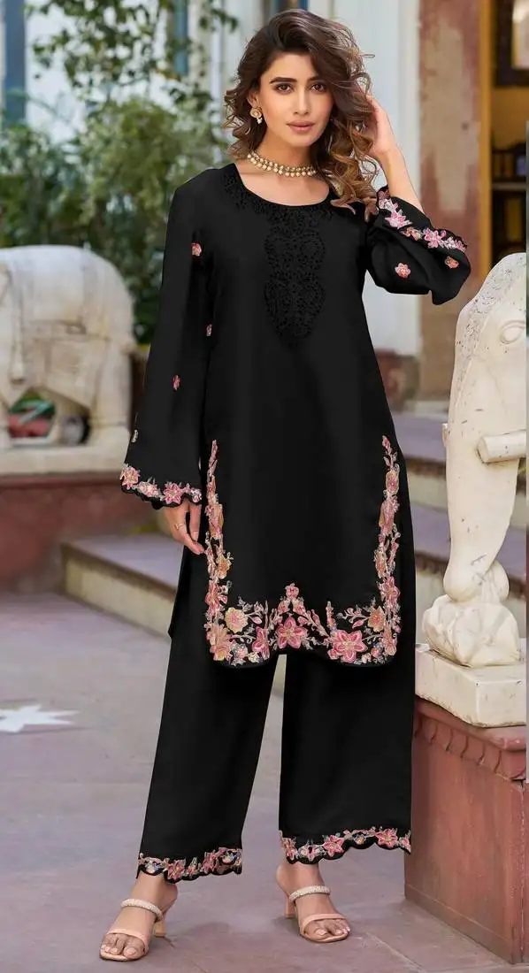 Black embroidered and viscose thread work cotton semi stitched salwar suit