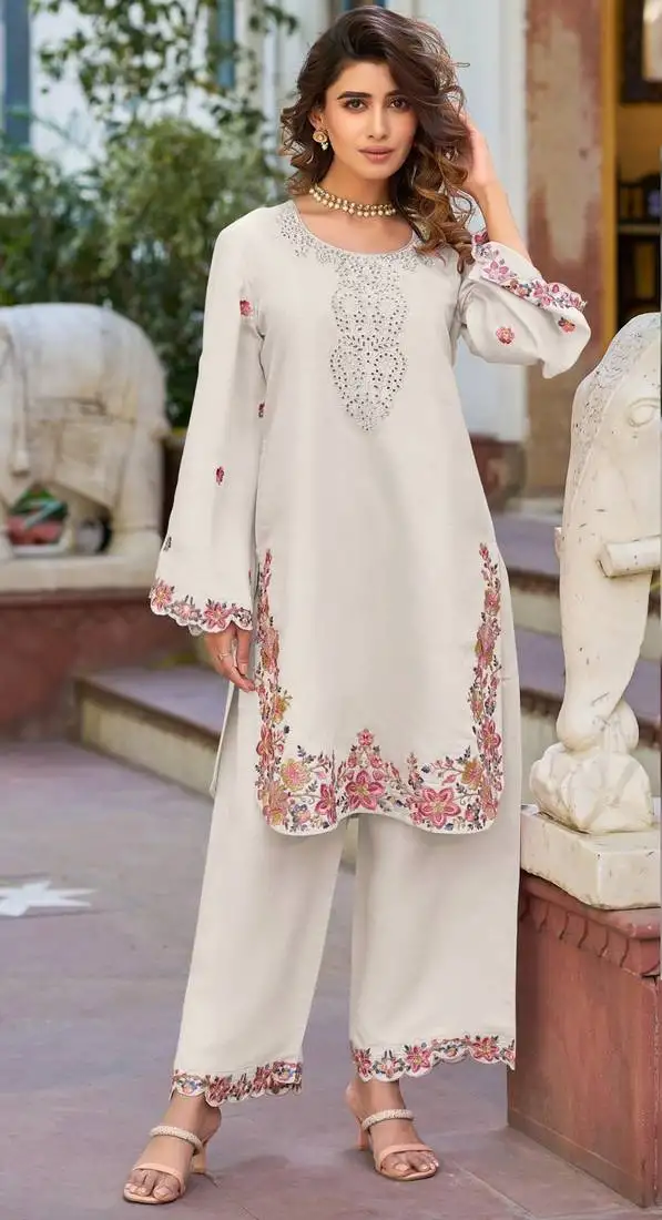 Beige embroidered and viscose thread work cotton semi stitched salwar suit