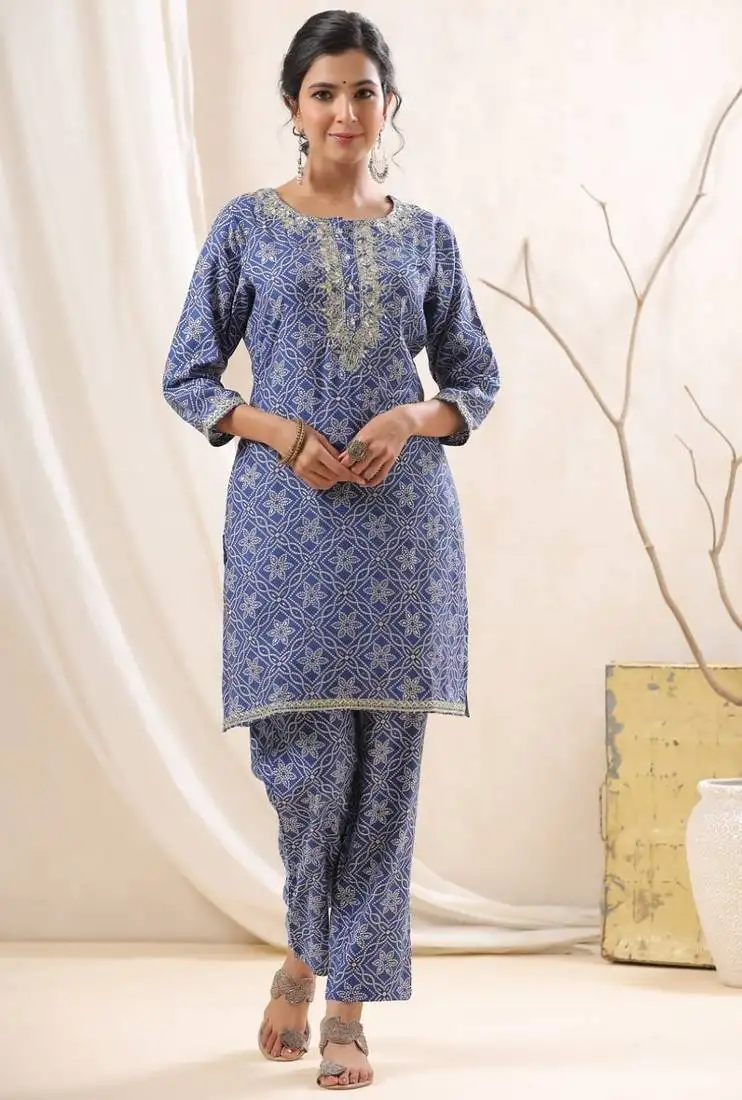 Blue blue printed cotton kurta sets