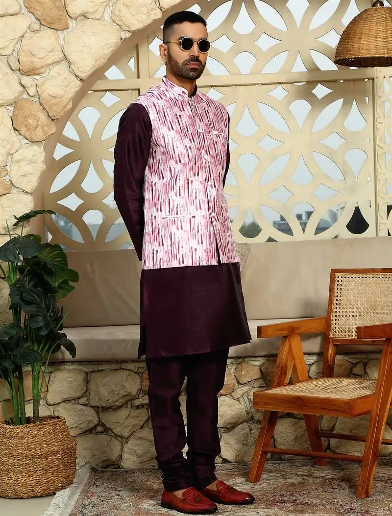 Silk blend tie-dye printed pink nehru jacket