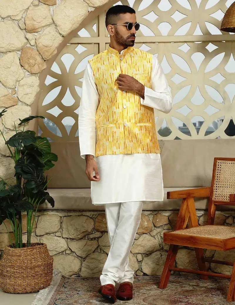 Silk blend tie-dye printed yellow nehru jacket