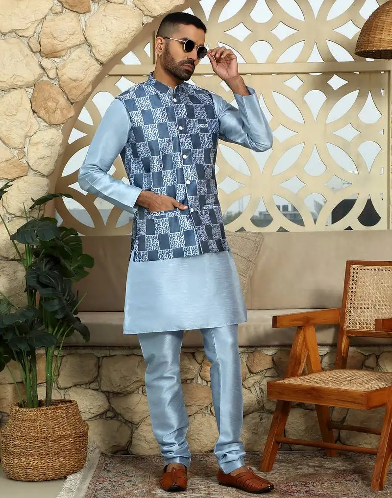 Silk blend geometric printed blue nehru jacket