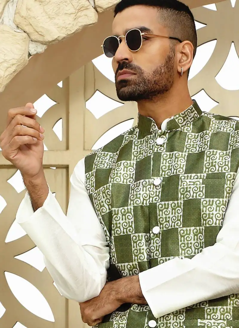 Silk blend geometric printed olive green nehru jacket