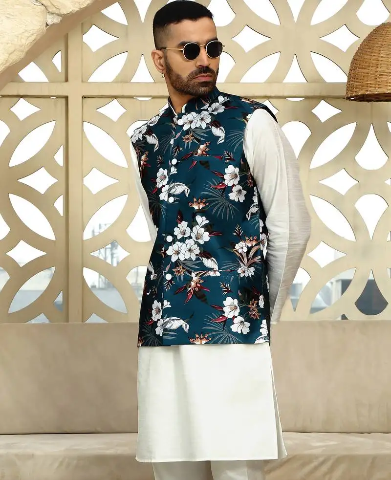 Silk blend floral printed blue nehru jacket