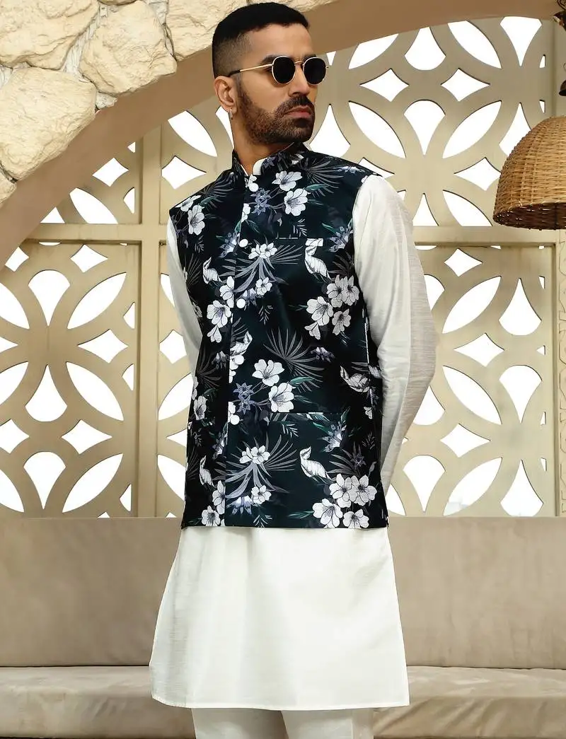 Silk blend floral printed green nehru jacket