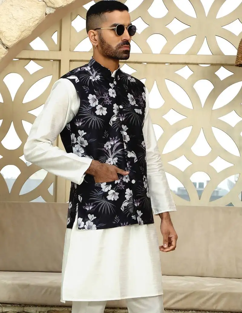 Silk blend floral printed black nehru jacket