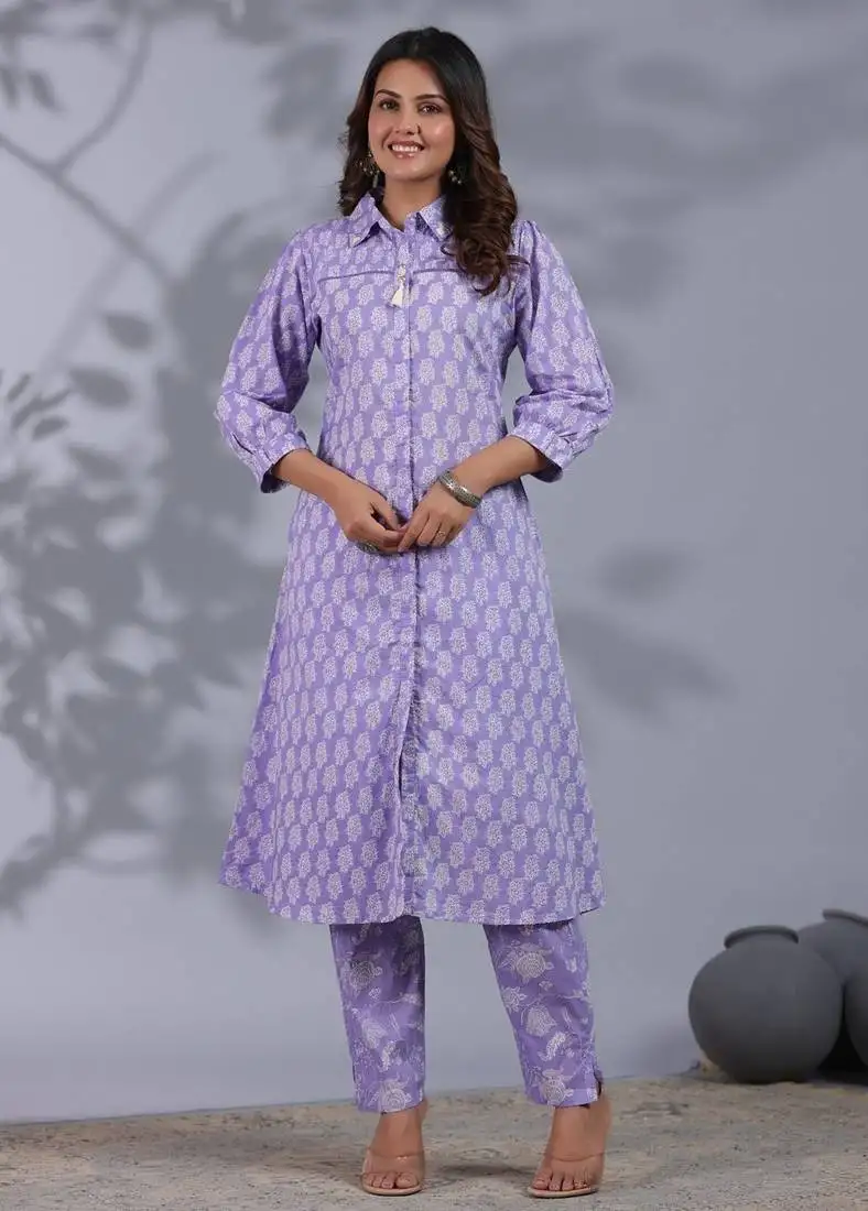 Lily lavender printed cotton kurta sets