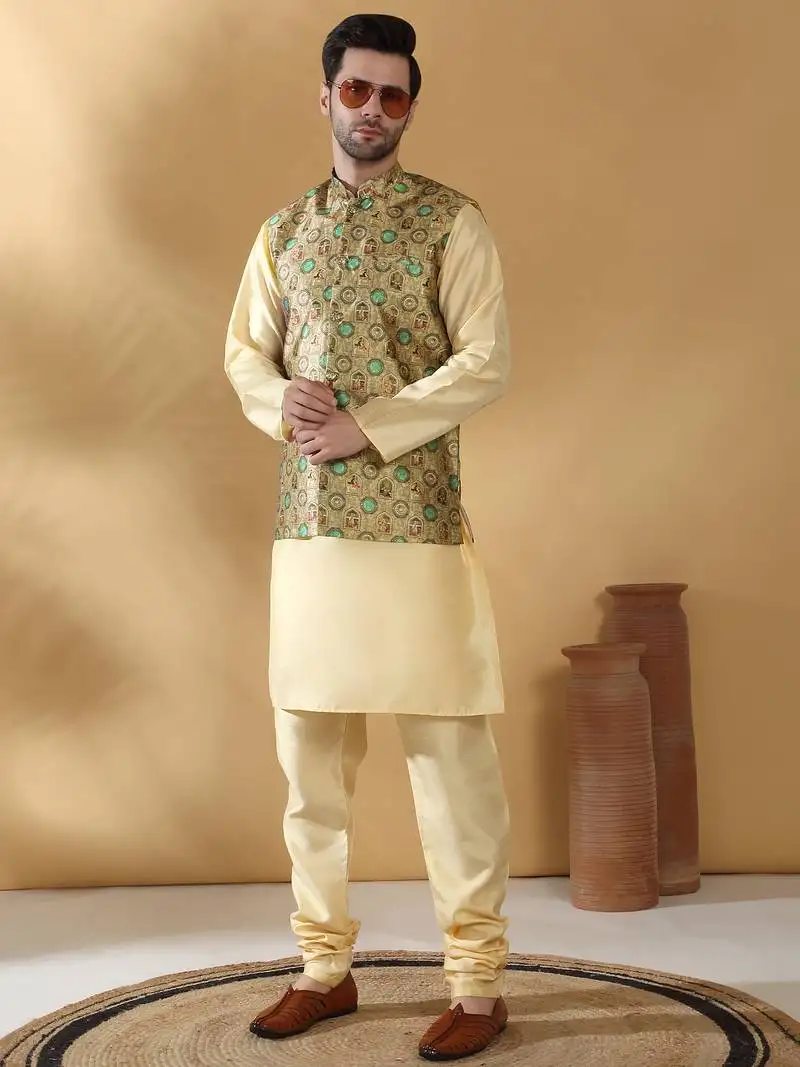 Silk blend abstract printed green nehru jacket