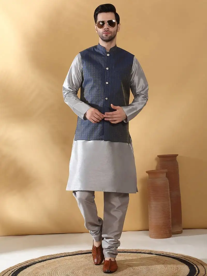 Silk blend jacquard woven geometric printed blue nehru jacket