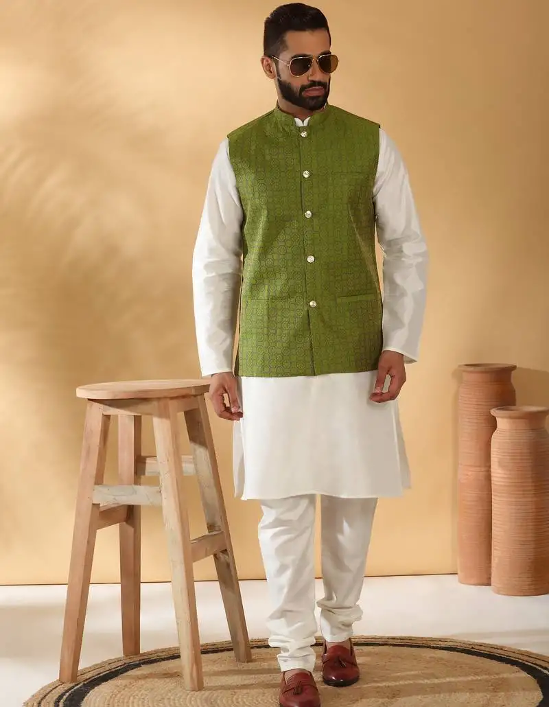 Silk blend jacquard woven geometric printed green nehru jacket