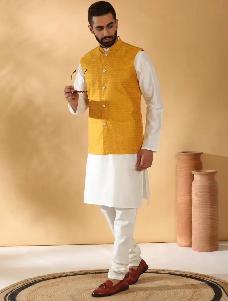 Silk blend jacquard woven geometric printed mustard nehru jacket