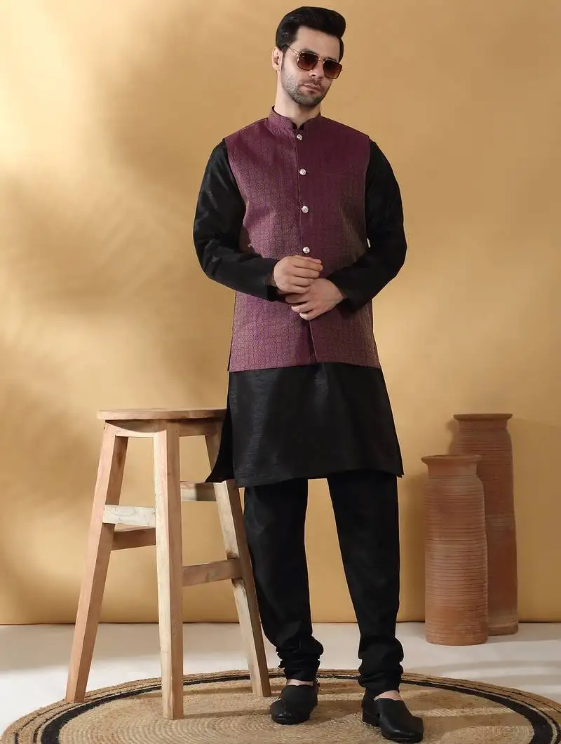 Silk blend jacquard woven geometric printed purple nehru jacket