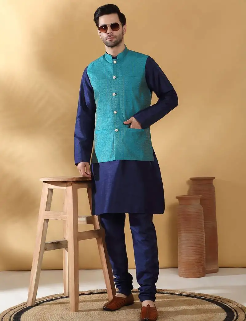 Silk blend jacquard woven geometric printed turquoise blue nehru jacket