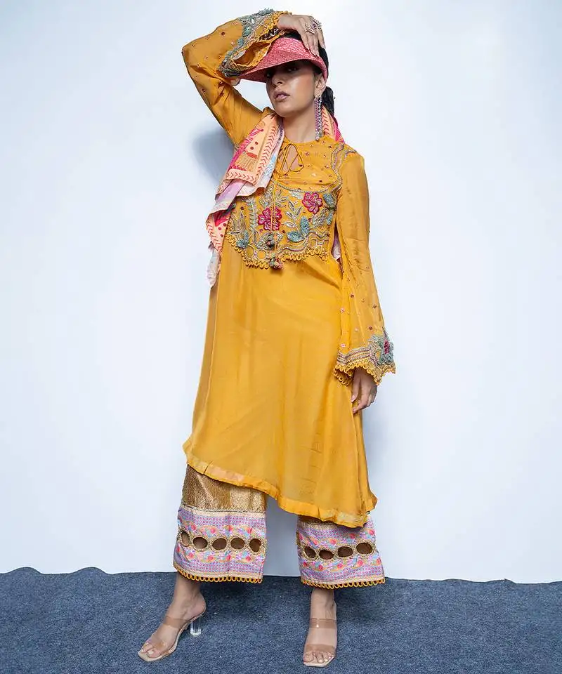 Yellow embroidered organza kurta with pant