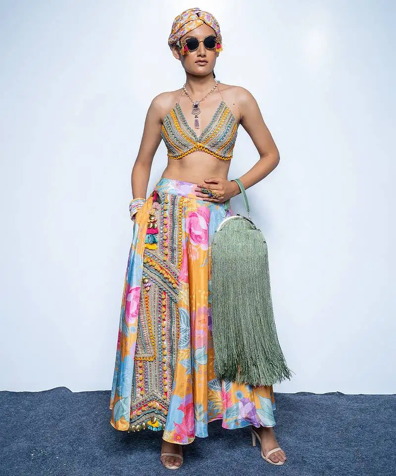 Multicolor embroidered crepe lehenga