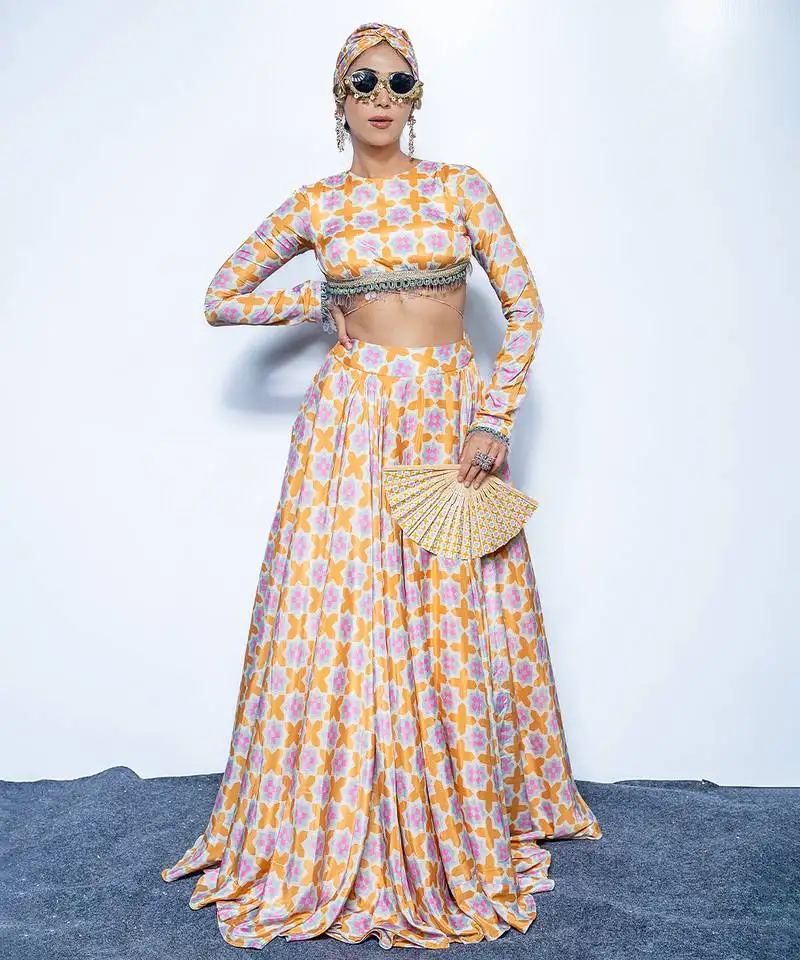 Saffron printed crepe lehenga