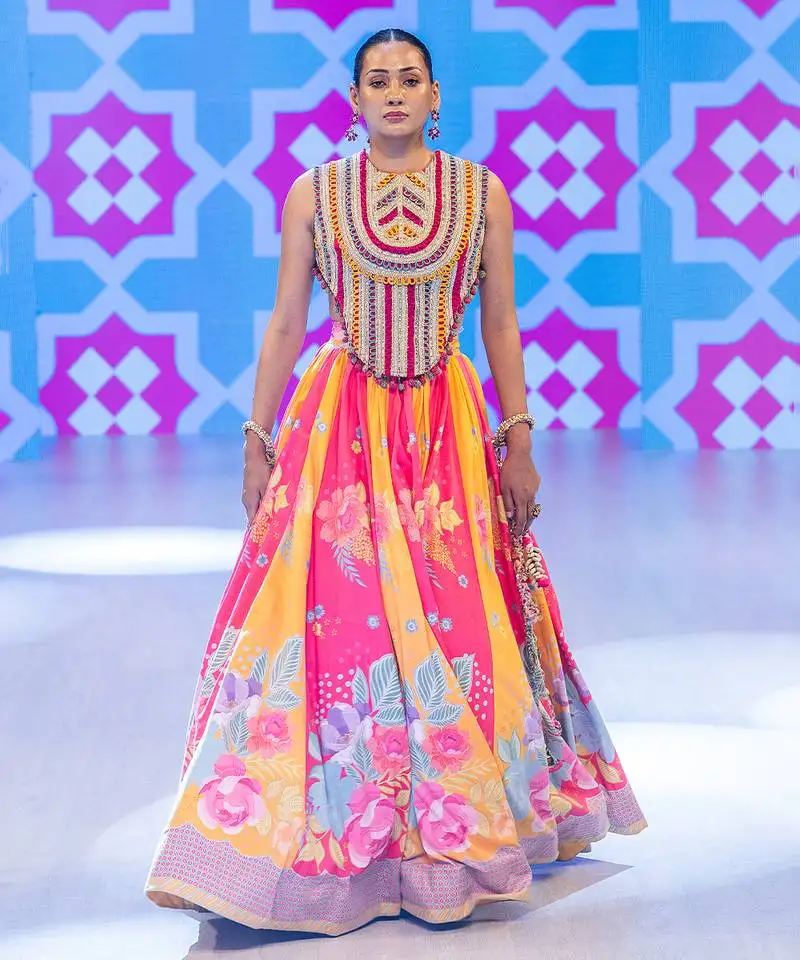 Multicolor printed velvet lehenga