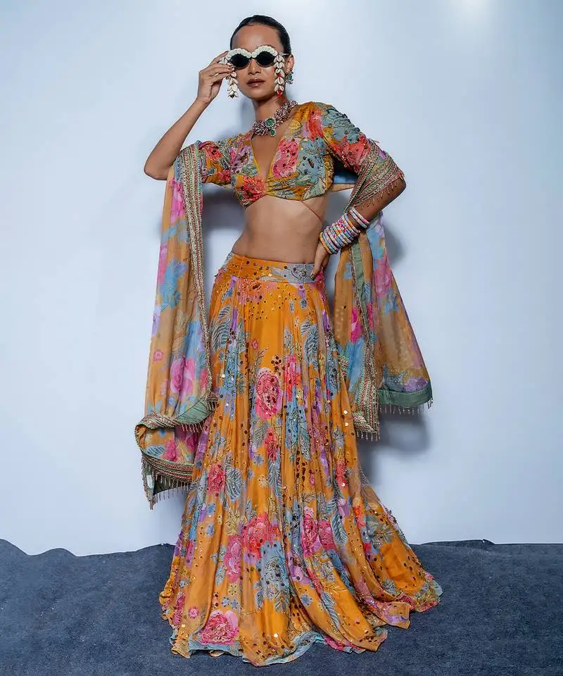 Multicolor embroidered organza lehenga