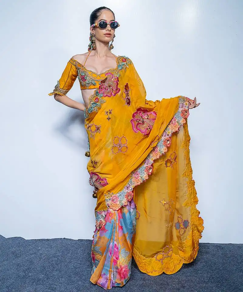 Yellow embroidered organza saree