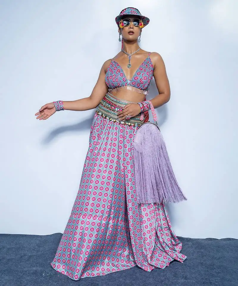 Blue printed crepe lehenga