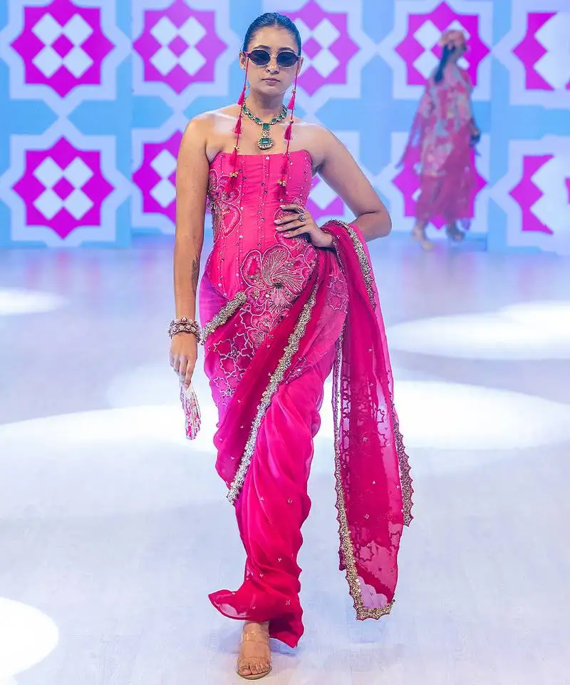 Pink embroidered crepe saree