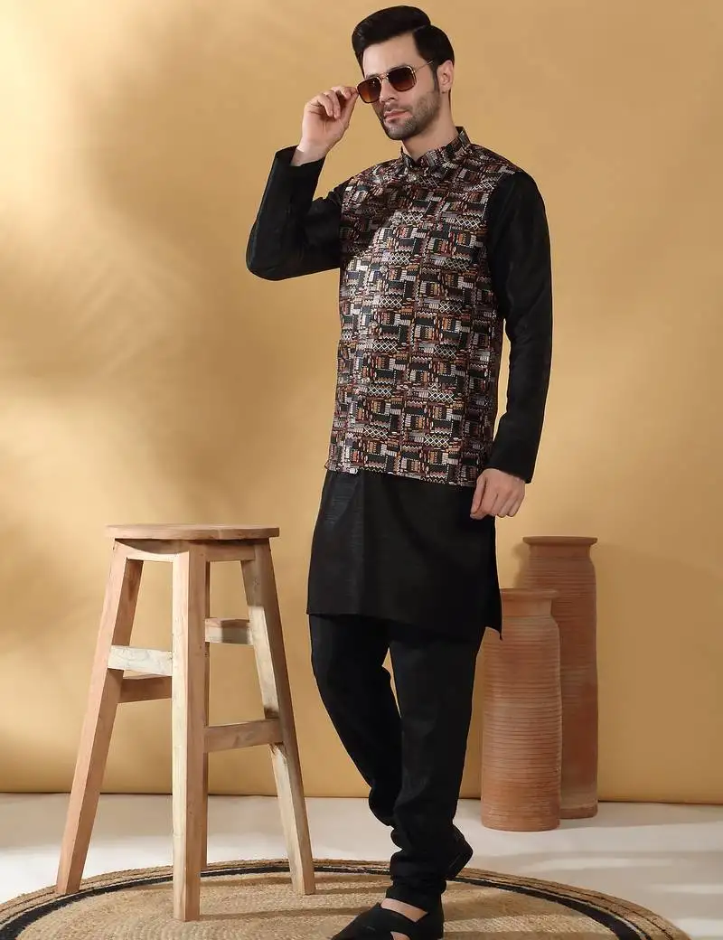 Silk bleand black kurta churidar with abstract printed black nehru jacket