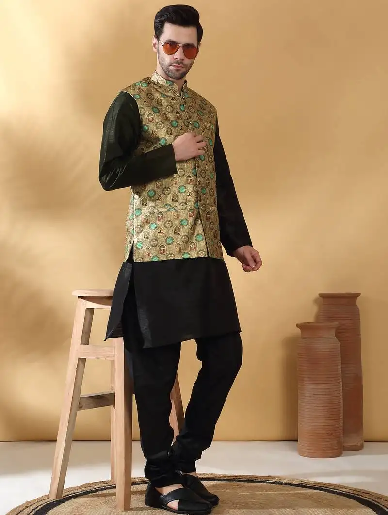 Silk bleand black kurta churidar with abstract printed green nehru jacket
