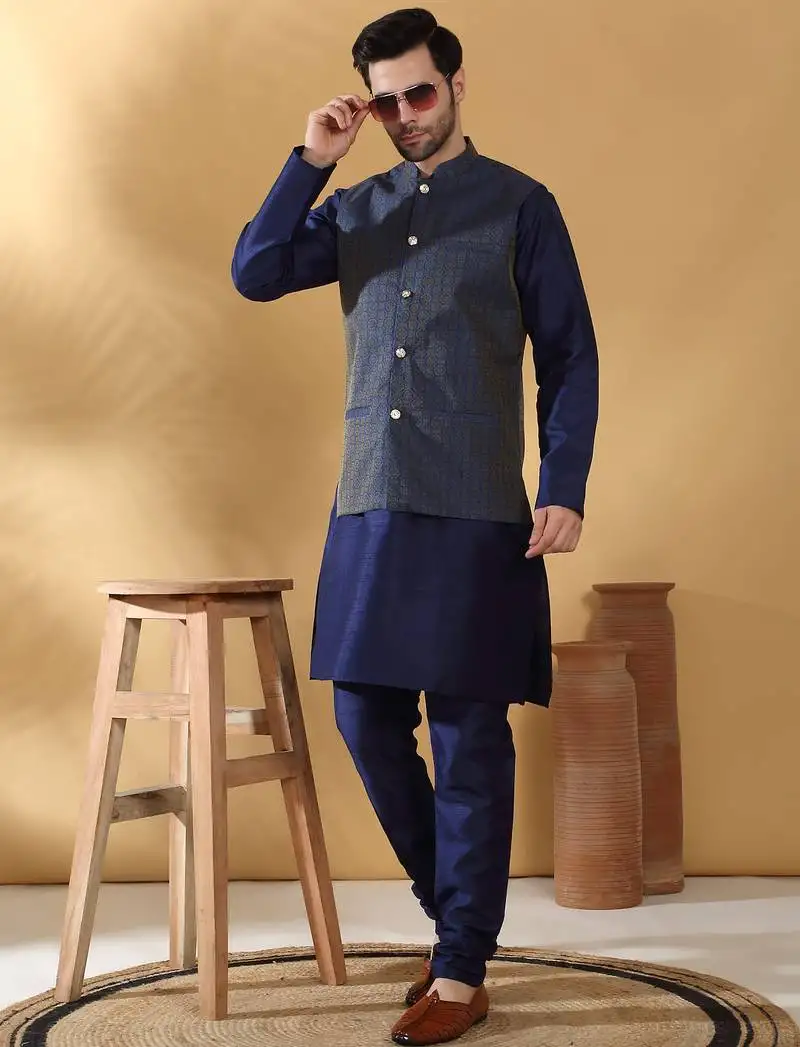 Silk blend navy blue kurta and churidar with jacquard geometric blue nehru jacket