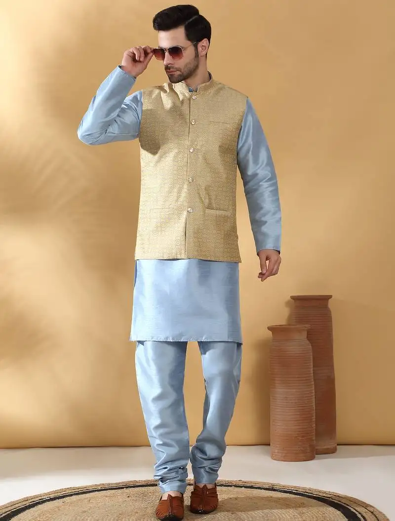 Silk blend blue kurta and churidar with jacquard geometric beige nehru jacket