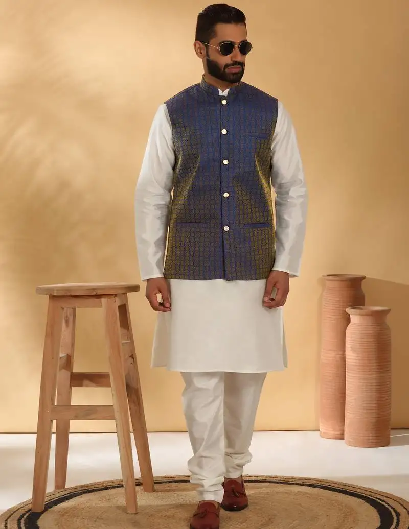 Silk blend cream kurta and churidar with jacquard geometric blue nehru jacket