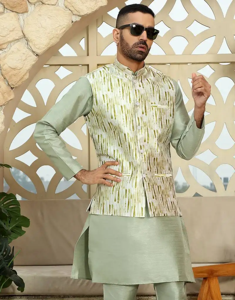 Silk blend solid olive green kurta and churidar with tie-dye green nehru jacket