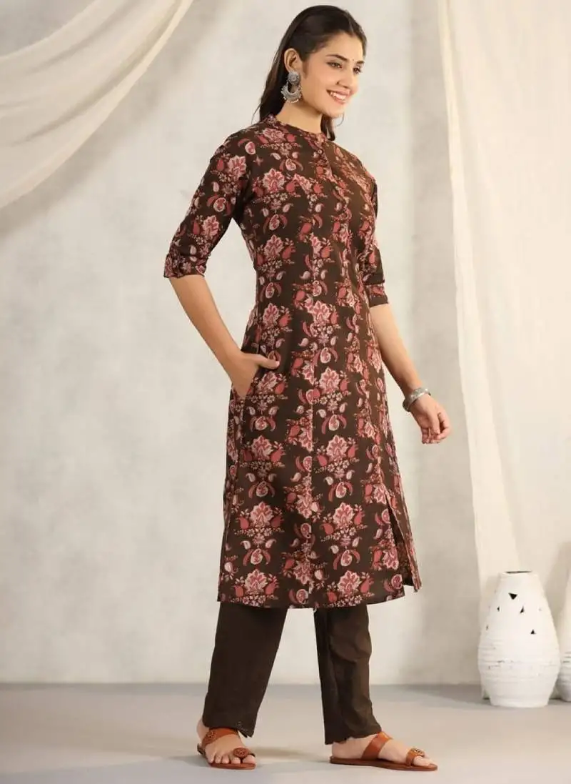 Charcoal maroon printed cotton kurta sets