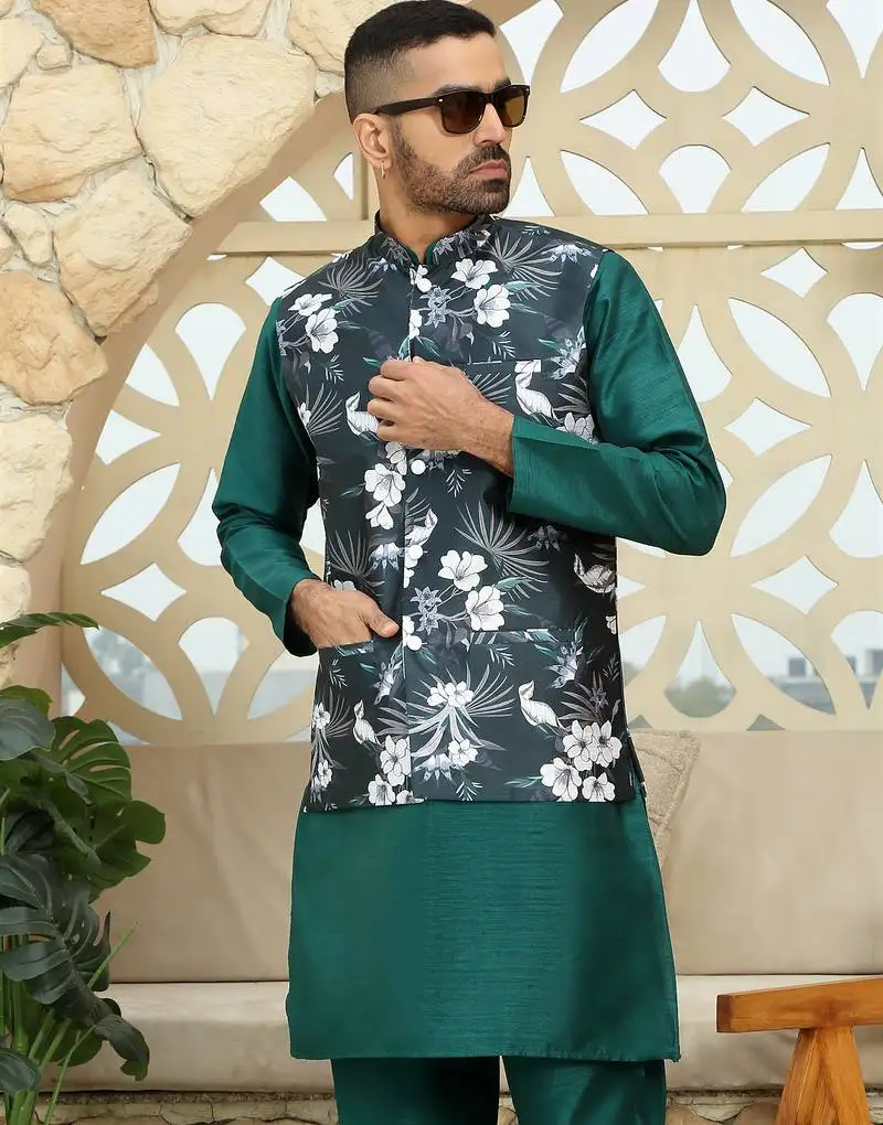 Silk blend solid green kurta and churidar with floral nehru jacket