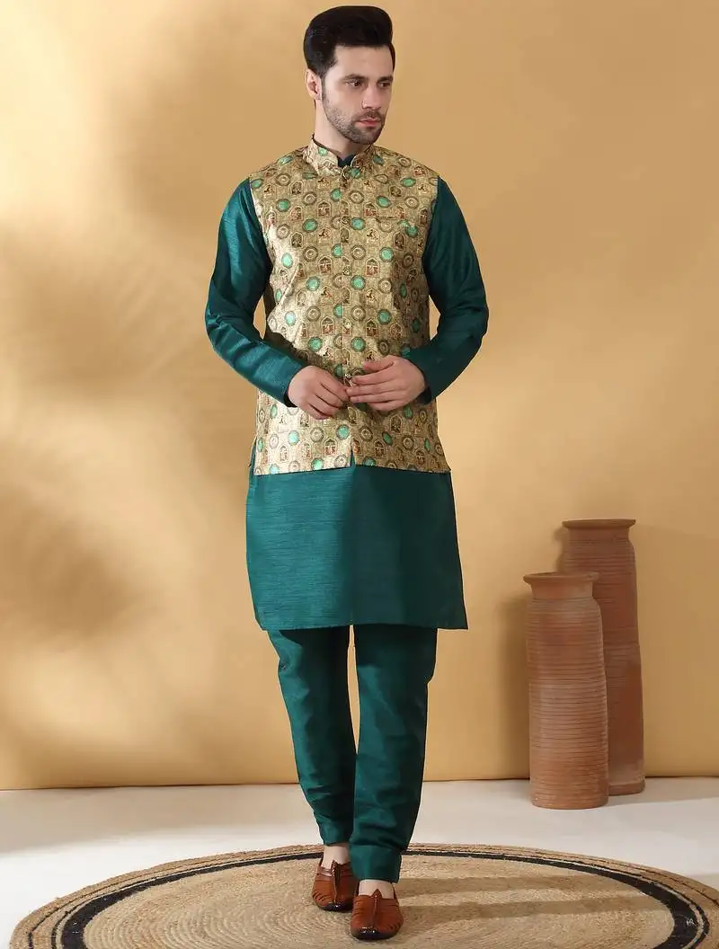 Silk bleand green kurta churidar with abstract printed green nehru jacket