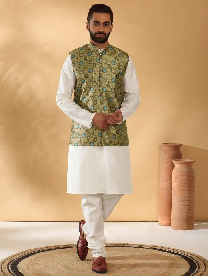 Silk bleand cream kurta churidar with abstract printed green nehru jacket