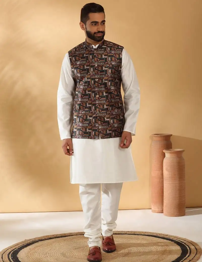 Silk bleand cream kurta churidar with abstract printed black nehru jacket