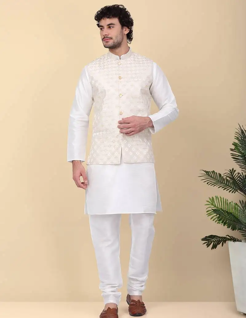 Men silk blend cream kurta and churidar with embroidered beige nehru jacket