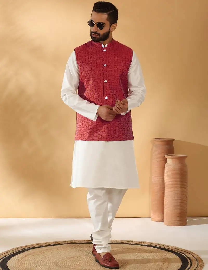 Silk blend cream kurta and churidar with jacquard geometric maroon nehru jacket