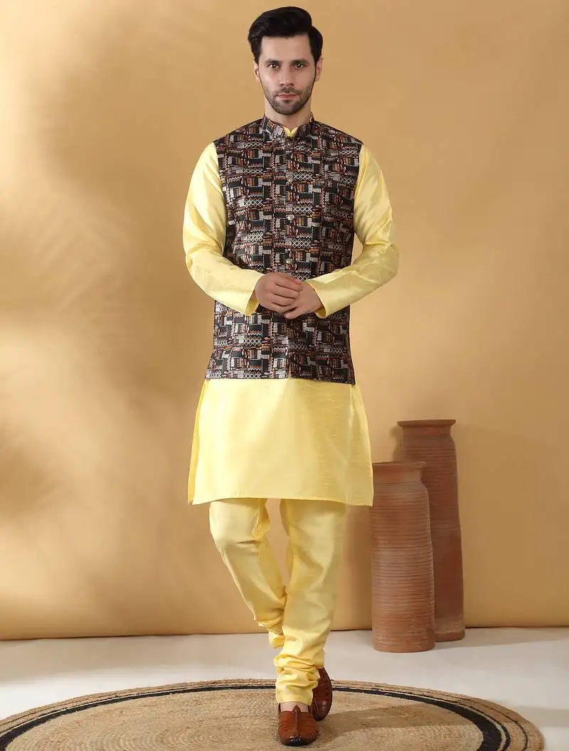 Silk bleand lime yellow kurta churidar with abstract printed black nehru jacket