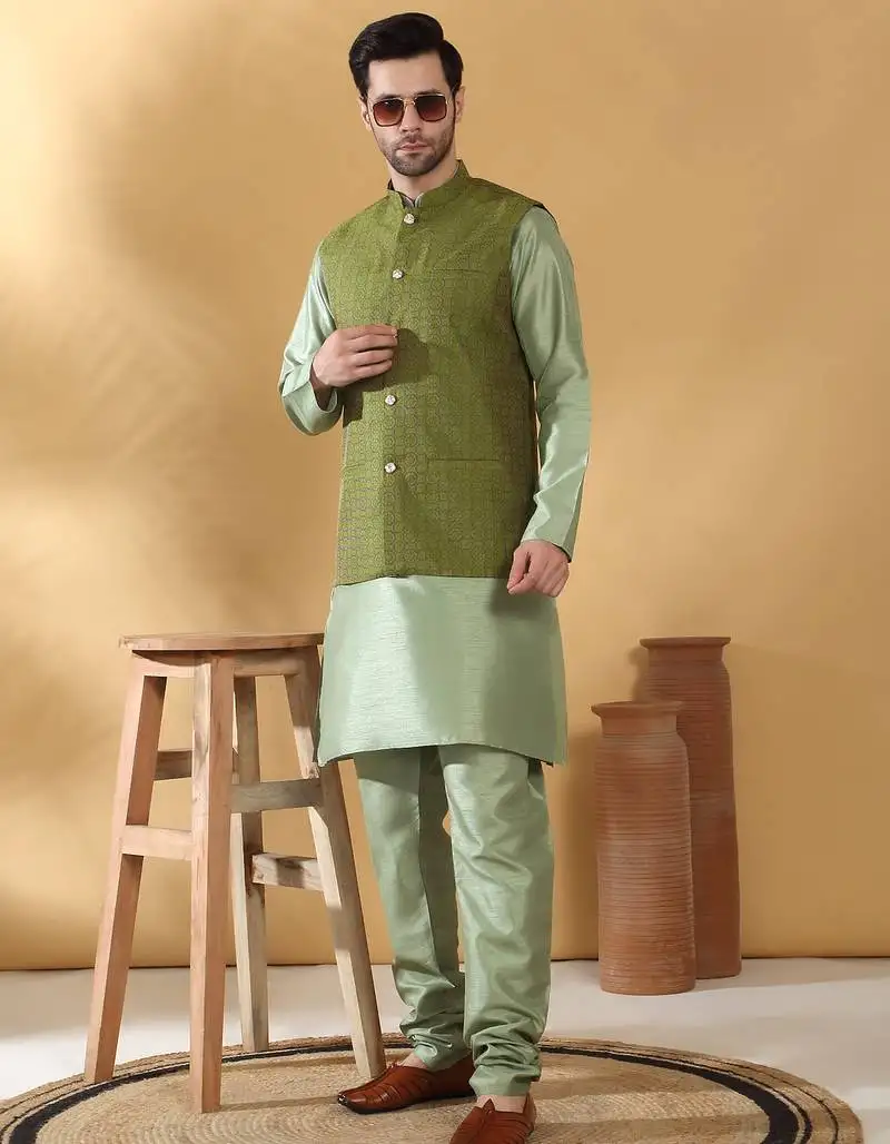 Silk blend olive green kurta and churidar with jacquard geometric green nehru jacket