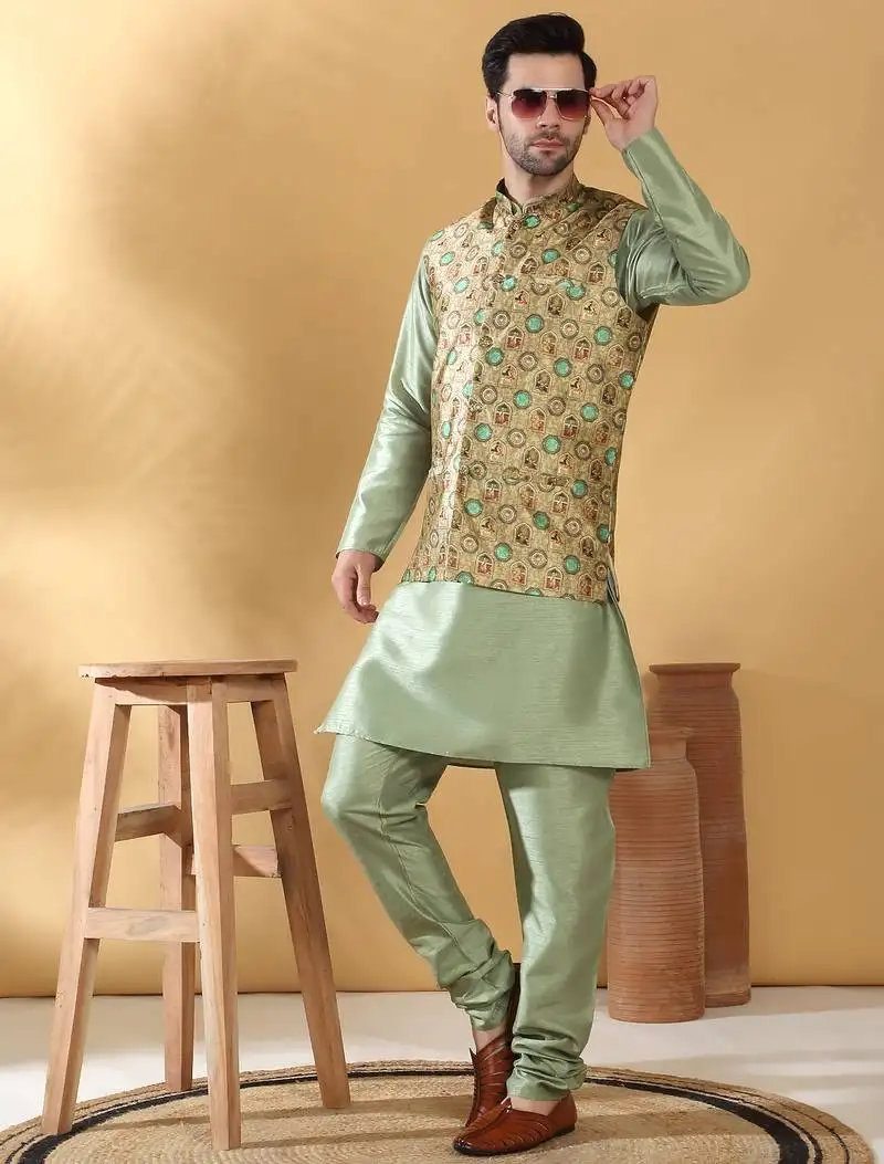 Silk bleand olive green kurta churidar with abstract printed green nehru jacket