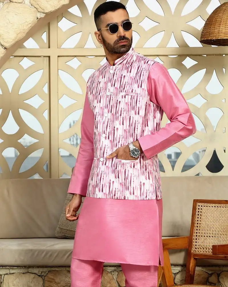 Silk blend solid pink kurta and churidar with tie-dye wine nehru jacket