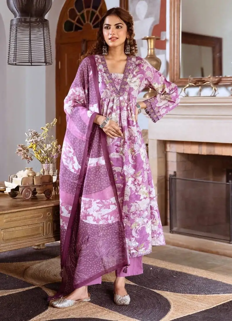 Lilac purple printed cotton kurta sets