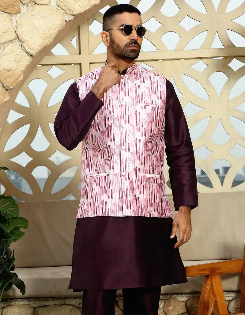 Silk blend solid purple kurta and churidar with tie-dye wine nehru jacket