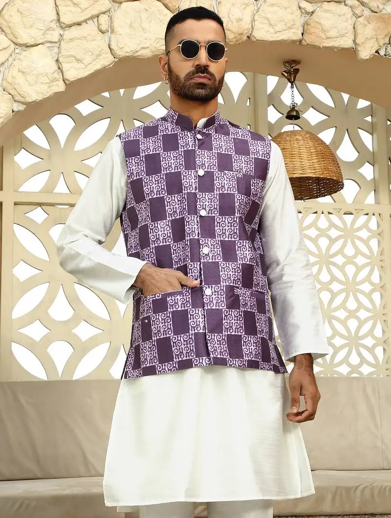 Silk blend solid cream kurta and churidar with purple printed nehru jacket